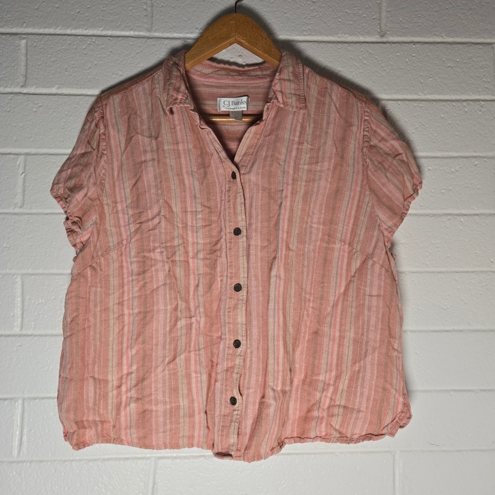 Vtg CJ Banks Linen Blend Striped Button Shirt 2X Plus Pink Summer Resort Natural